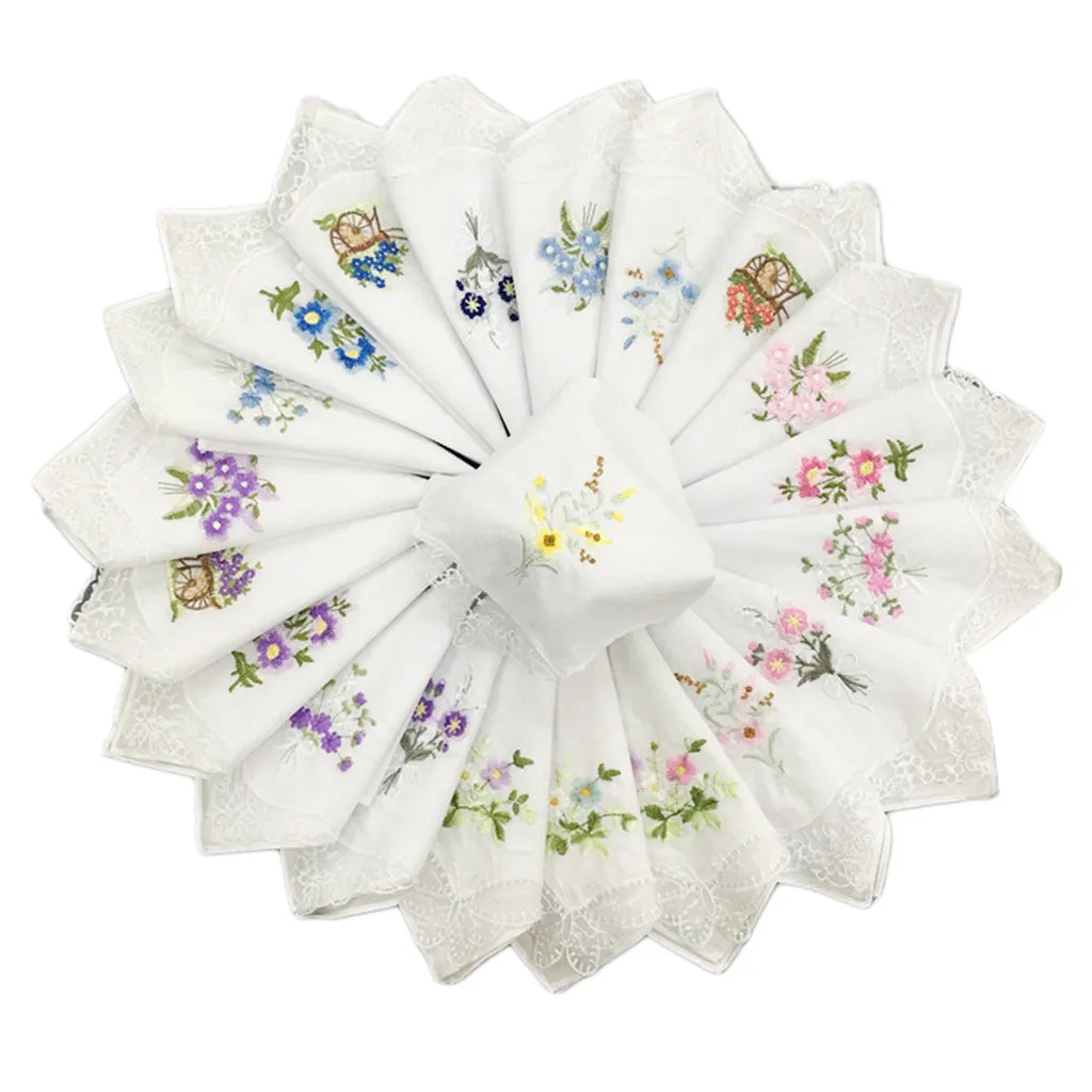 12Pcs Classic Cotton Beautiful Handkerchiefs Women Washable Pocket Embroidered Lace Hankie Towel Lot 28x28cm