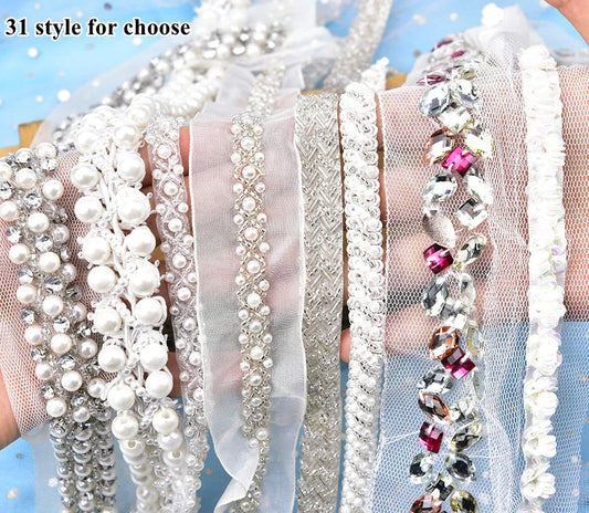 1Yards 31 style Pearl Beaded rhinestone Trims Sew on White mesh Lace Ribbon FOR DIY hair Clothes Wedding Dress Belt Accessories