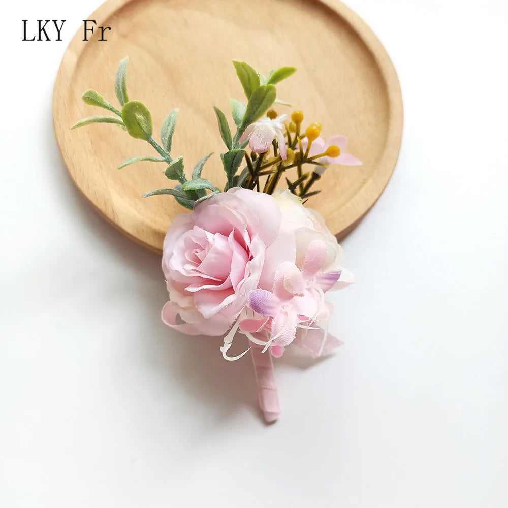 LKY Fr Boutonniere Wedding Wrist Corsage Bracelet Flowers Artificial Roses Pins White Groom Buttonhole Marriage Men Accessories