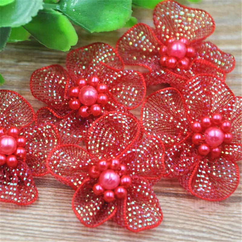 20 pcs U pick Organza Ribbon Flowers Bows w/Beads Appliques Wedding Craft A011