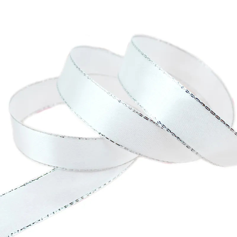 (25yards/roll) White Silver Edge Satin Ribbon Wholesale high quality gift packaging Christmas ribbons (6/10/20/25/40mm)