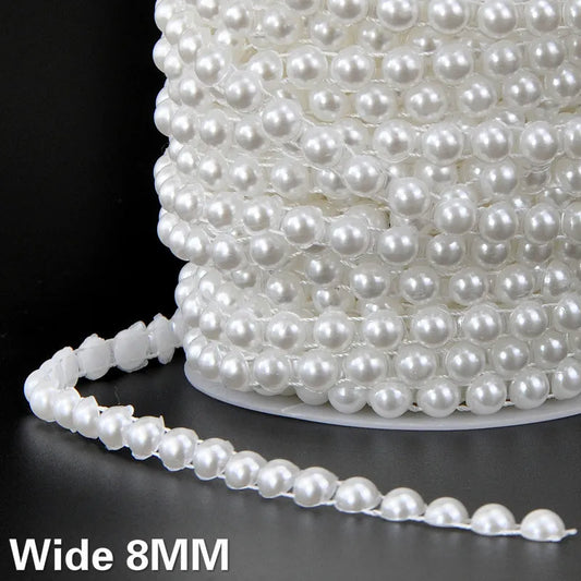 8MM Wide White Beige Cotton Thread Semicircle Pearls Chain Beads Collar Lace Trim Ribbon Wedding Dress Headveil DIY Sewing Decor