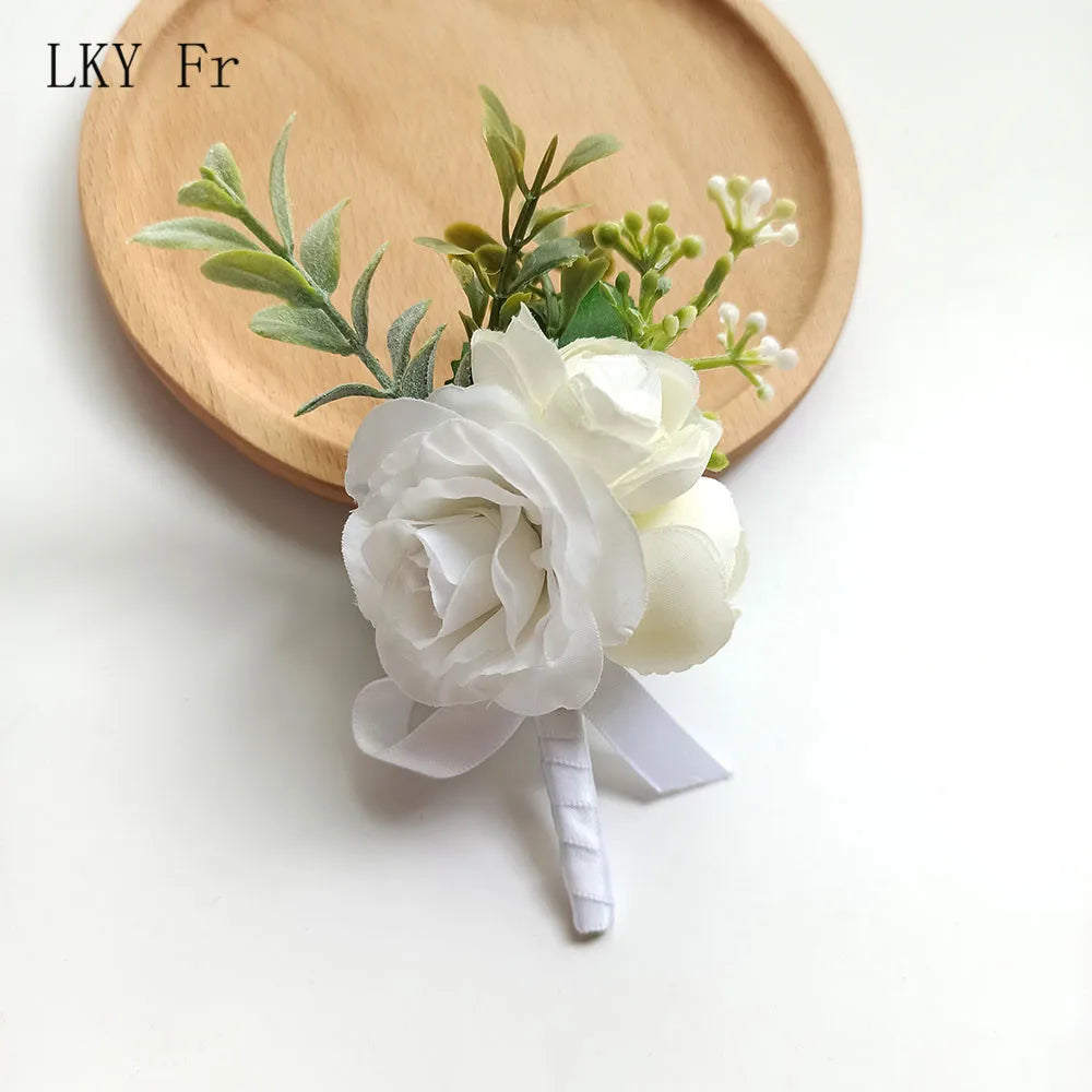 LKY Fr Boutonniere Wedding Wrist Corsage Bracelet Flowers Artificial Roses Pins White Groom Buttonhole Marriage Men Accessories