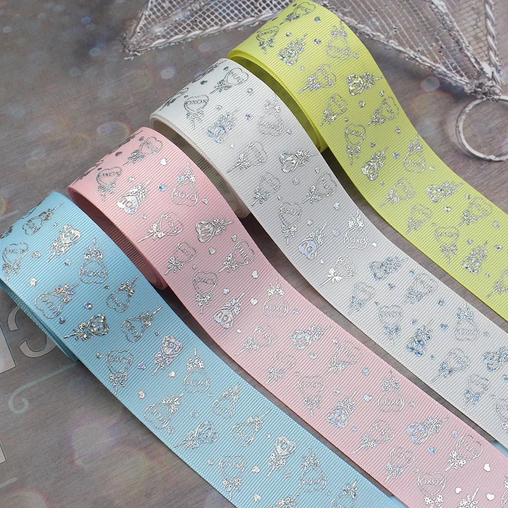 1-1/2''(38MM) 10Yard Laser Silver Candy Flower Printing Grosgrain Ribbon DIY Headdress Wedding Gift Wrapping Paper L-201109-1313