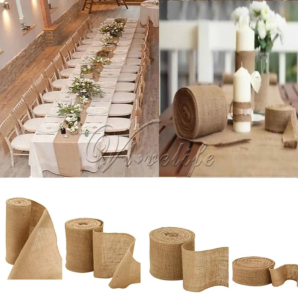 10Meter Natural Jute Burlap Fabric Jute Roll Hessian Ribbon Roll Burlap Table Runner Wedding Party Supplies Wedding Decoration