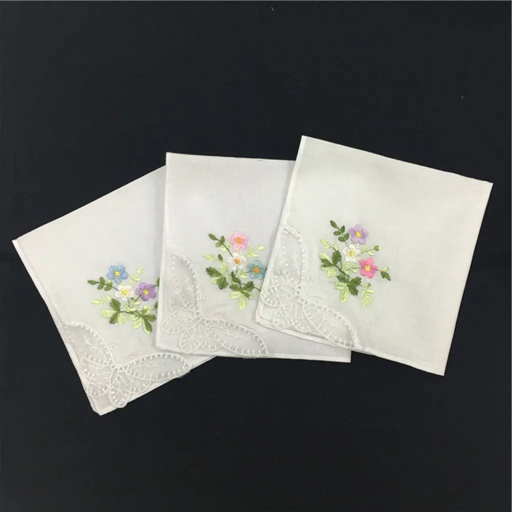 12Pcs Classic   Cotton Beautiful Handkerchiefs Women Washable Pocket Embroidered Lace Hankie Towel Lot 28x28cm