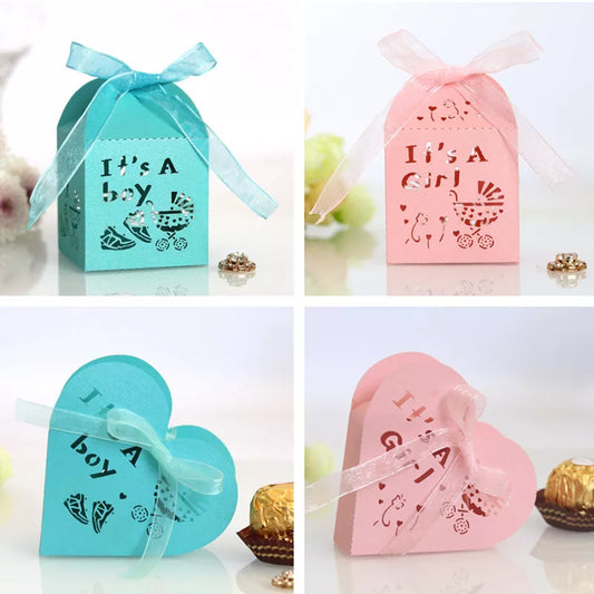 50pcs Its A Boy Girl Hollow Heart Candy Dragee Gift Box Packaging Wedding Cardboard Chocolate Cookie Gift Bags Wrapping Paper