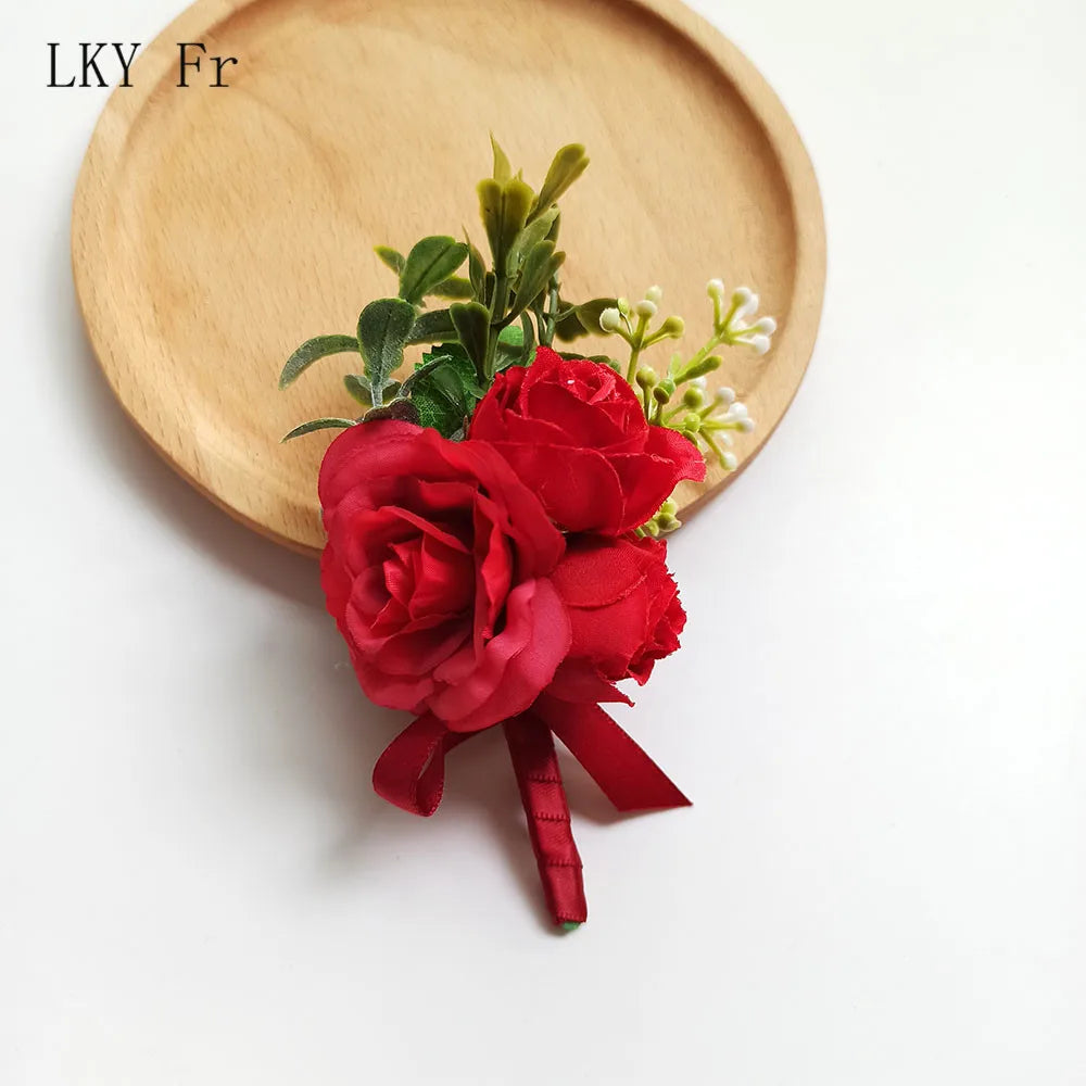 LKY Fr Boutonniere Wedding Wrist Corsage Bracelet Flowers Artificial Roses Pins White Groom Buttonhole Marriage Men Accessories