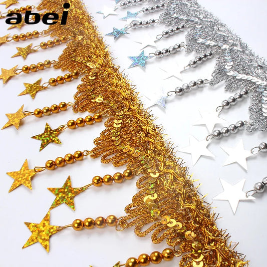 2yards 85mm Laser Star Beads Lace Fringe Sequins Paillette Tassel Ribbon Stage Performance Suits Wedding Dress Sewing Decoration