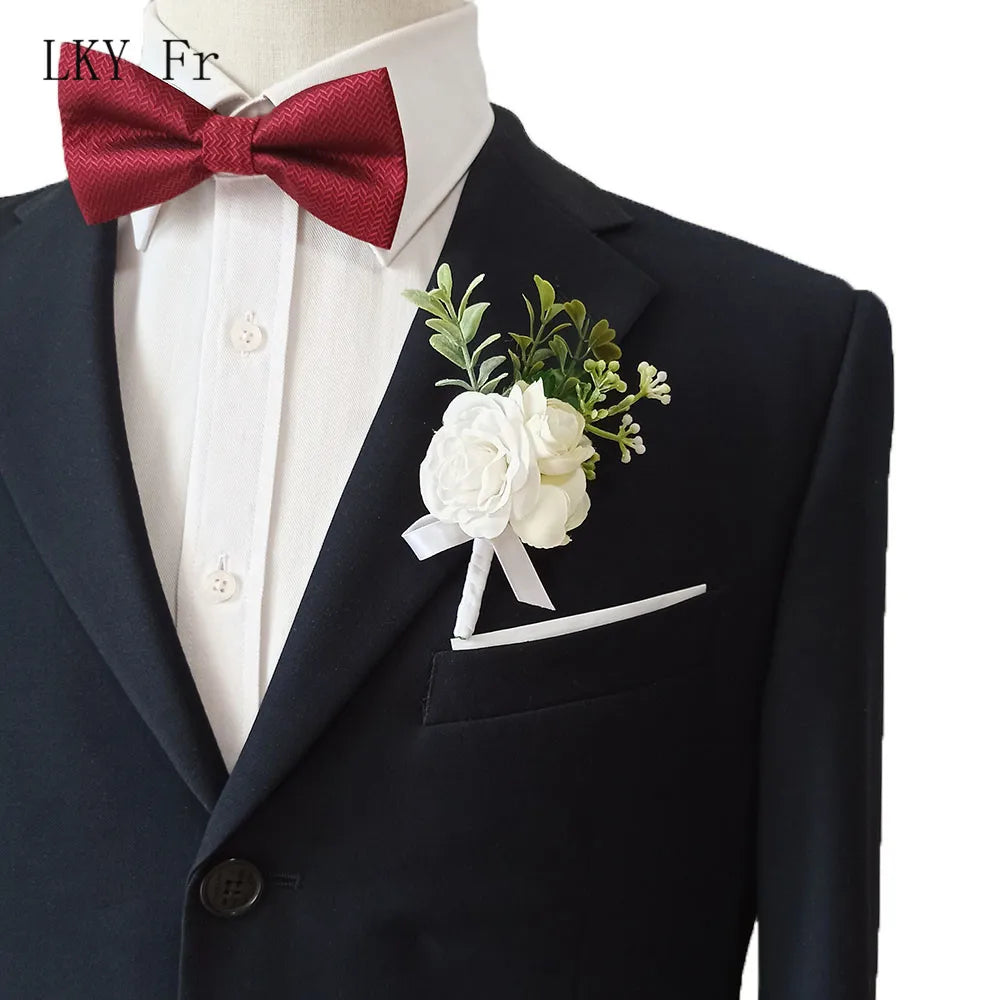 LKY Fr Boutonniere Wedding Wrist Corsage Bracelet Flowers Artificial Roses Pins White Groom Buttonhole Marriage Men Accessories