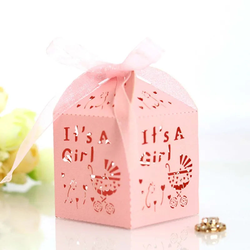 50pcs Its A Boy Girl Hollow Heart Candy Dragee Gift Box Packaging Wedding Cardboard Chocolate Cookie Gift Bags Wrapping Paper