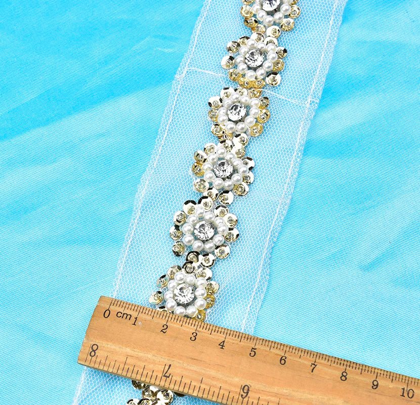 1Yards 31 style Pearl Beaded rhinestone Trims Sew on White mesh Lace Ribbon FOR DIY hair Clothes Wedding Dress Belt Accessories