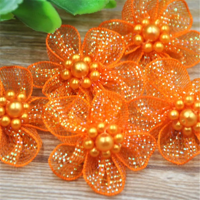 20 pcs U pick Organza Ribbon Flowers Bows w/Beads Appliques Wedding Craft A011