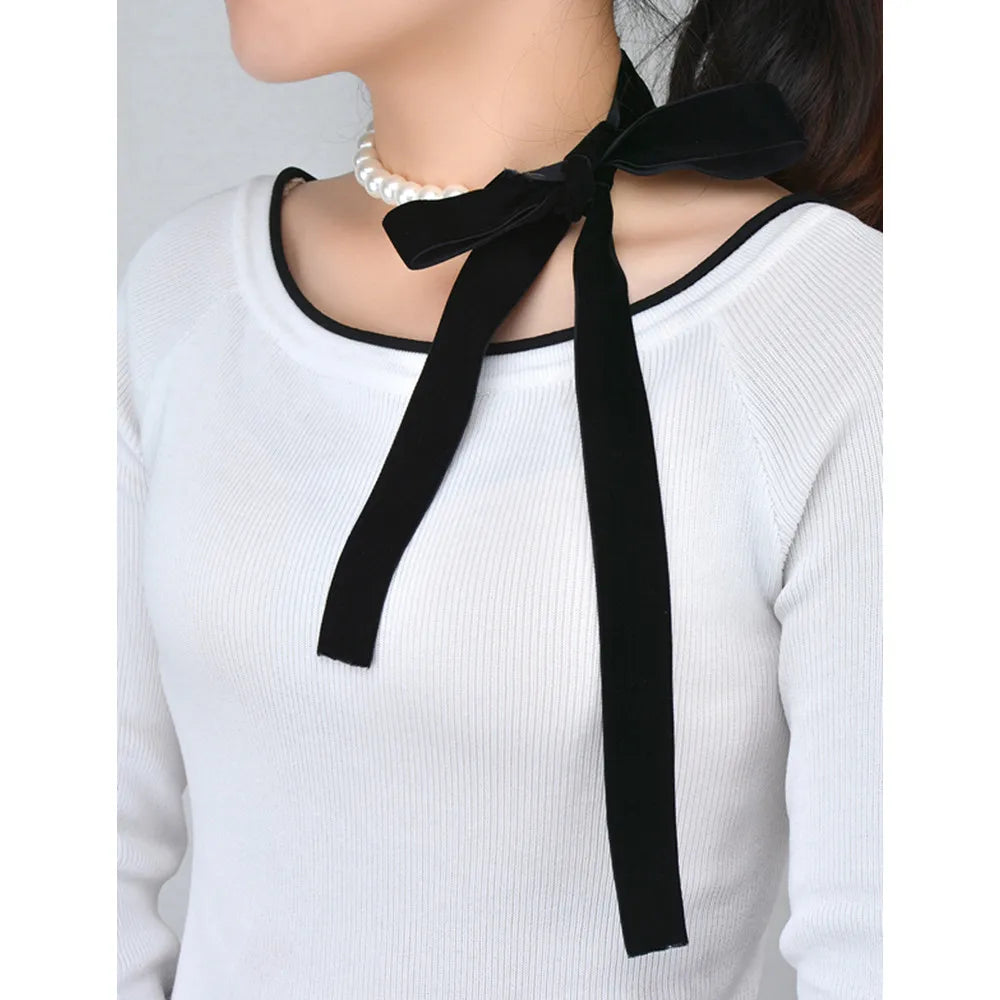 Punk Long Wide Black Velvet Ribbon Choker Bow Tie Simulated-Pearl Beads Charm Collar Necklace Gothic Jewelry New Year Gifts