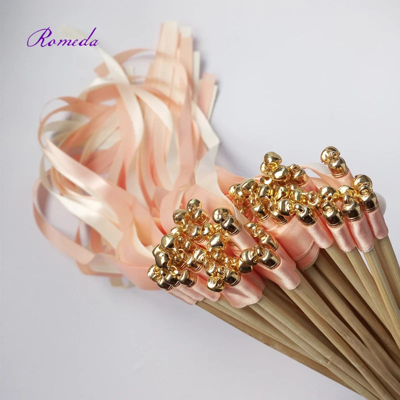 Hot selling 50pcs/lot coral and champagne wedding ribbon wands with gold bell  ribbon Twirling Streamers wedding ribbon stick