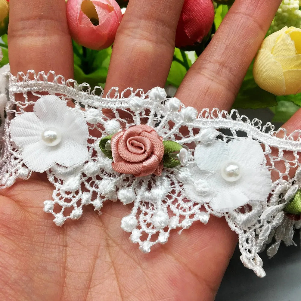 10X Soluble Pearl Rose Flower Wave Embroidered Mesh Lace Trim Ribbon Fabric Sewing Craft For Costume Wedding Dress Decoration
