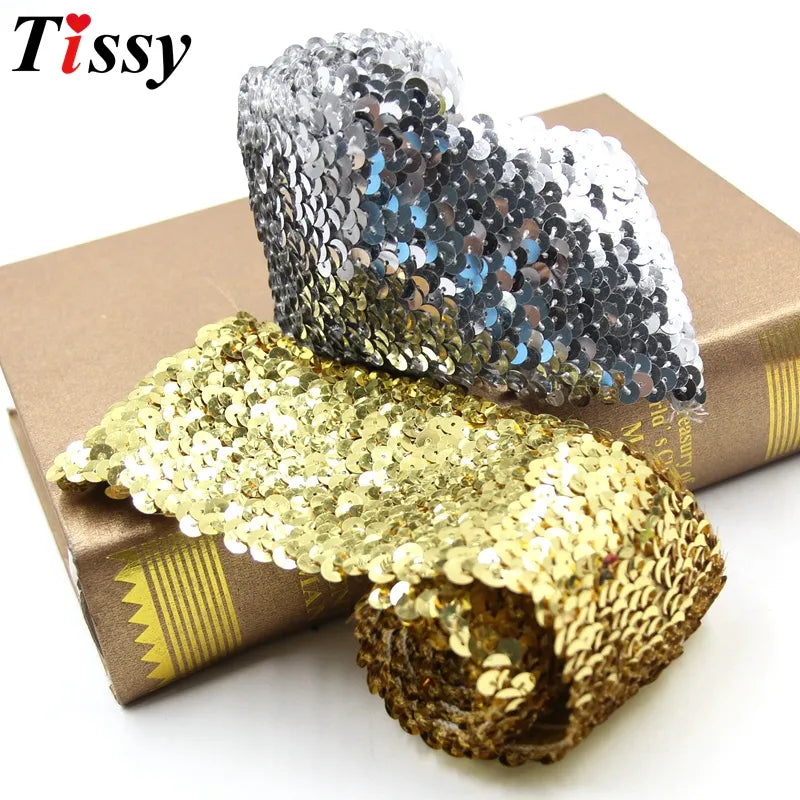 1Meter 7.5CM Width Elasticity Sequin Beading Trim Lace Spangle Ribbon DIY Handcraft Sewing Curtain Accessories Party Decoration