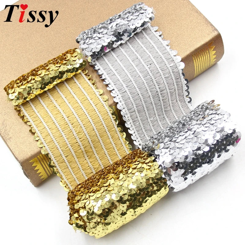 1Meter 7.5CM Width Elasticity Sequin Beading Trim Lace Spangle Ribbon DIY Handcraft Sewing Curtain Accessories Party Decoration