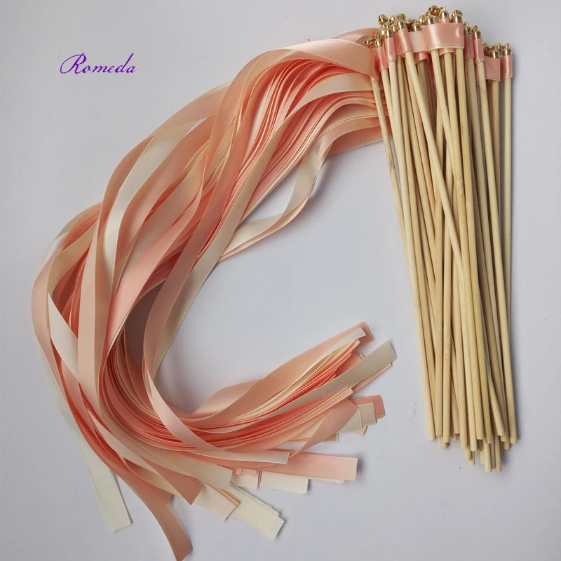 Hot selling 50pcs/lot coral and champagne wedding ribbon wands with gold bell  ribbon Twirling Streamers wedding ribbon stick