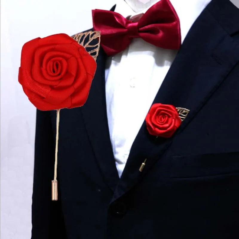 New 1Pcs Red Best Man Groom Boutonniere Silk Satin Rose Flower men buttonhole Wedding Party Prom Man Suit Corsage Pin Brooch