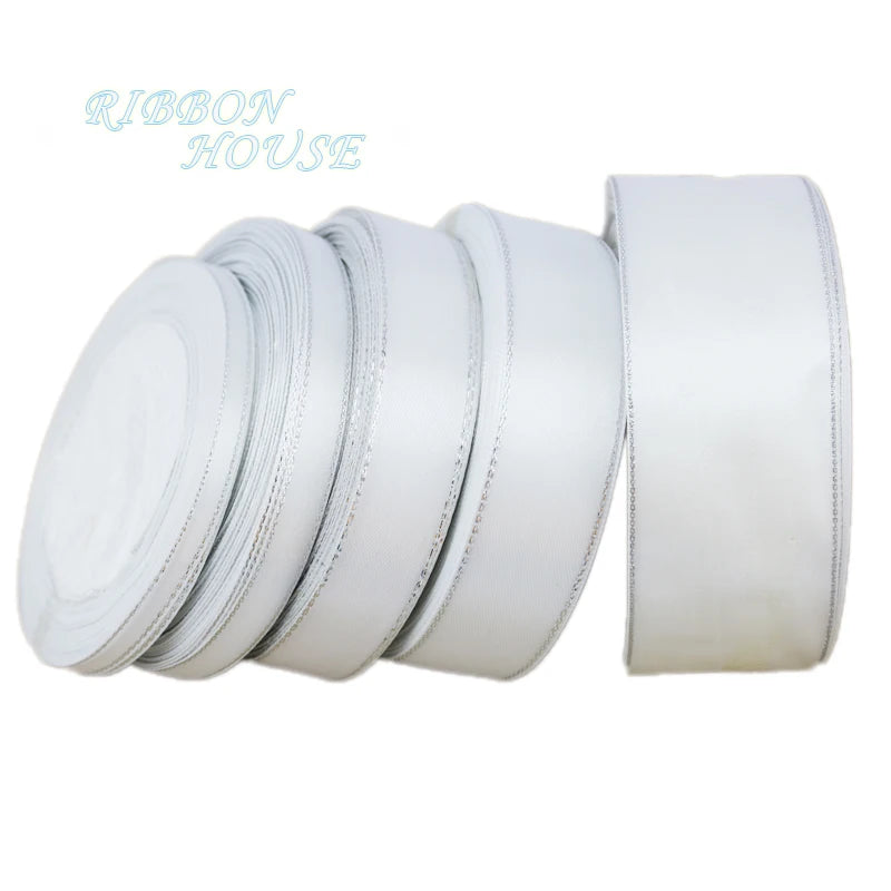 (25yards/roll) White Silver Edge Satin Ribbon Wholesale high quality gift packaging Christmas ribbons (6/10/20/25/40mm)