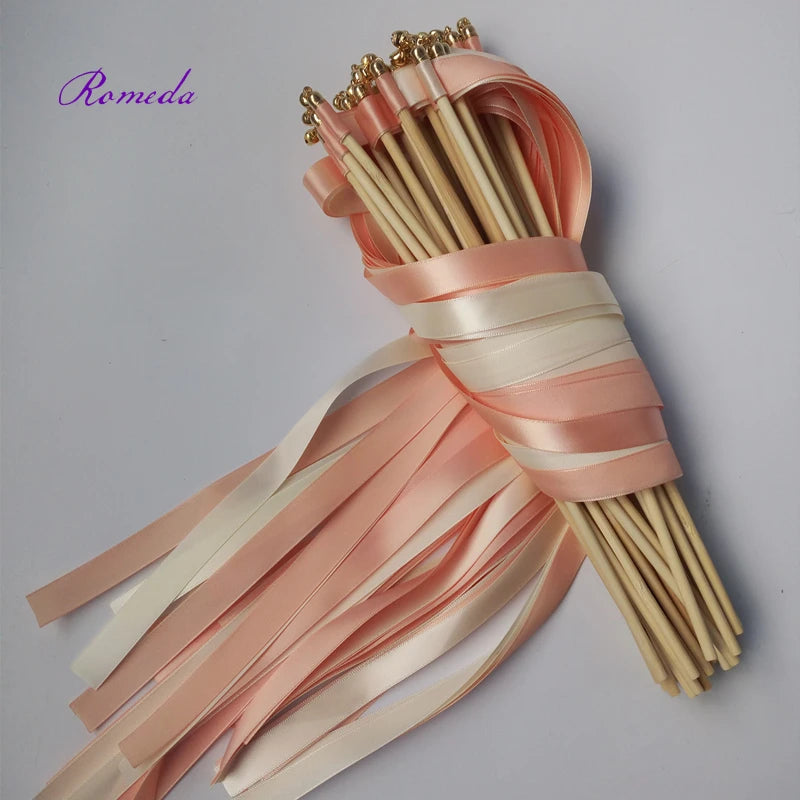 Hot selling 50pcs/lot coral and champagne wedding ribbon wands with gold bell  ribbon Twirling Streamers wedding ribbon stick