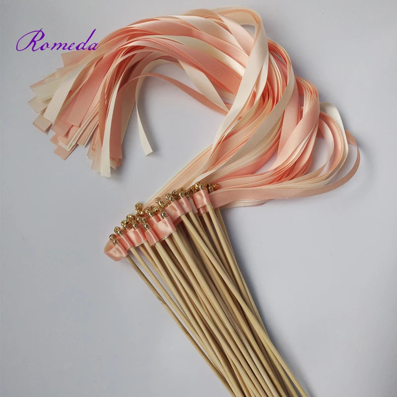 Hot selling 50pcs/lot coral and champagne wedding ribbon wands with gold bell  ribbon Twirling Streamers wedding ribbon stick