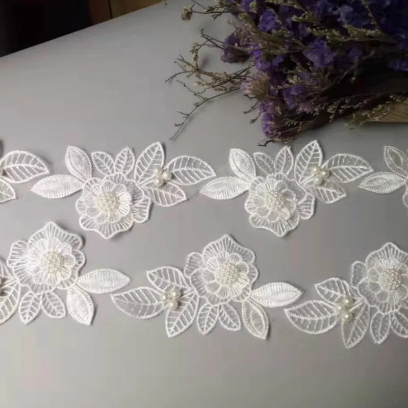 New 10x White Pearl Beaded Flower Leaf Embroidered Lace Trim Ribbon Fabric Handmade Sewing Craft For Costume Hat Decoration Hot