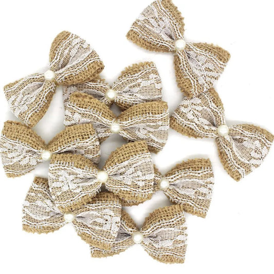 10pcs Vintage Natural Jute Burlap Hessian Bows Lace Ribbon Wedding Decoration Rustic Mariage Bowknot DIY #536840