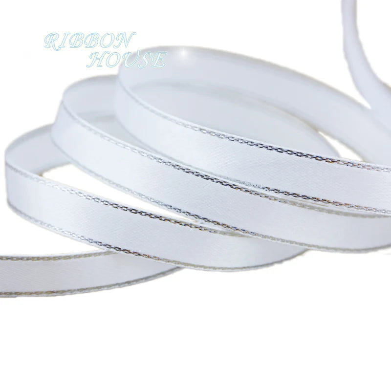 (25yards/roll) White Silver Edge Satin Ribbon Wholesale high quality gift packaging Christmas ribbons (6/10/20/25/40mm)