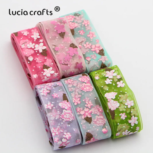 Lucia crafts 5/6/8 yards 25mm  Printed Flower Organza Ribbon DIY Sewing & Hair Bow Accessories P0103