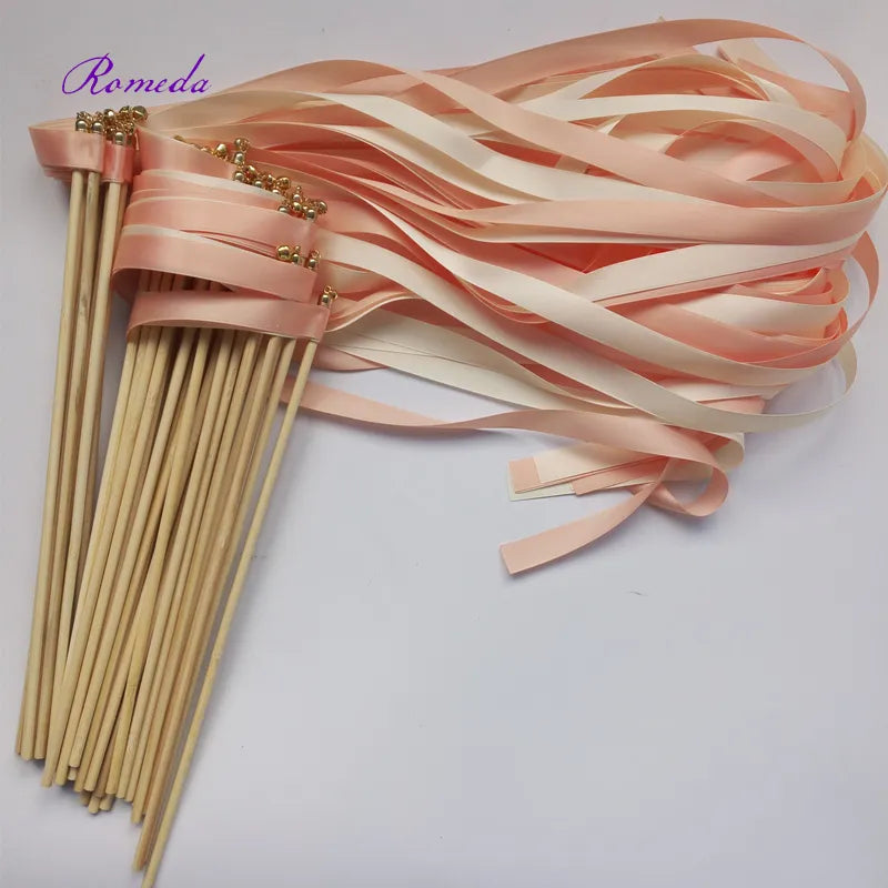 Hot selling 50pcs/lot coral and champagne wedding ribbon wands with gold bell  ribbon Twirling Streamers wedding ribbon stick