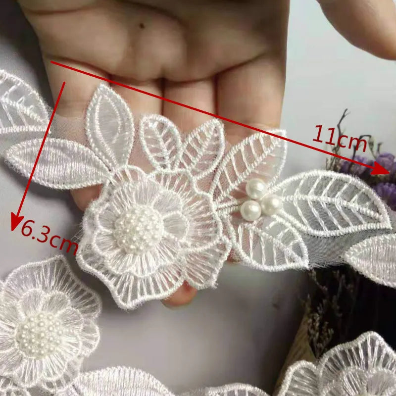 New 10x White Pearl Beaded Flower Leaf Embroidered Lace Trim Ribbon Fabric Handmade Sewing Craft For Costume Hat Decoration Hot
