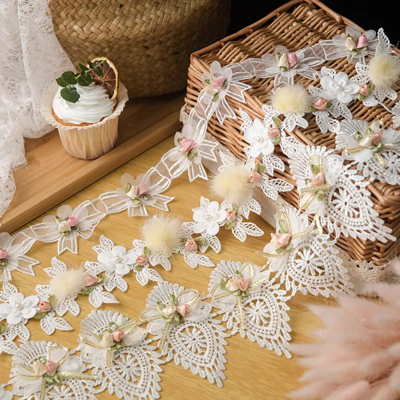 Lace Ribbon For Wedding Decor Party Dress DIY Sewing Accessories Beaded Applique White 3D Flower Embroidery Fabric Crafts Supply