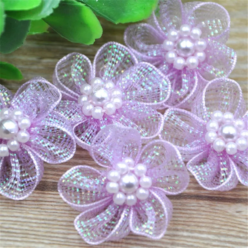 20 pcs U pick Organza Ribbon Flowers Bows w/Beads Appliques Wedding Craft A011