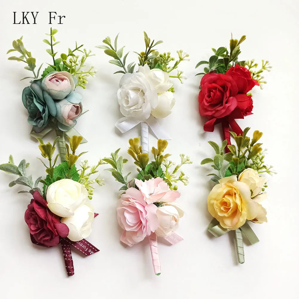 LKY Fr Boutonniere Wedding Wrist Corsage Bracelet Flowers Artificial Roses Pins White Groom Buttonhole Marriage Men Accessories