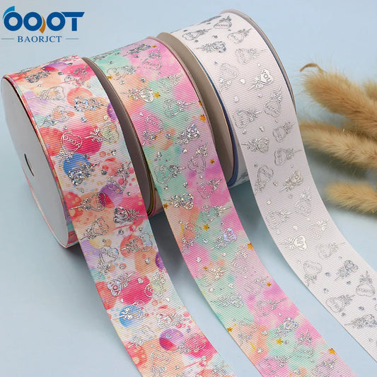 1-1/2''(38MM) 10Yard Laser Silver Candy Flower Printing Grosgrain Ribbon DIY Headdress Wedding Gift Wrapping Paper L-201109-1313