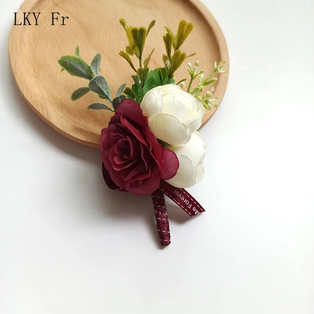 LKY Fr Boutonniere Wedding Wrist Corsage Bracelet Flowers Artificial Roses Pins White Groom Buttonhole Marriage Men Accessories