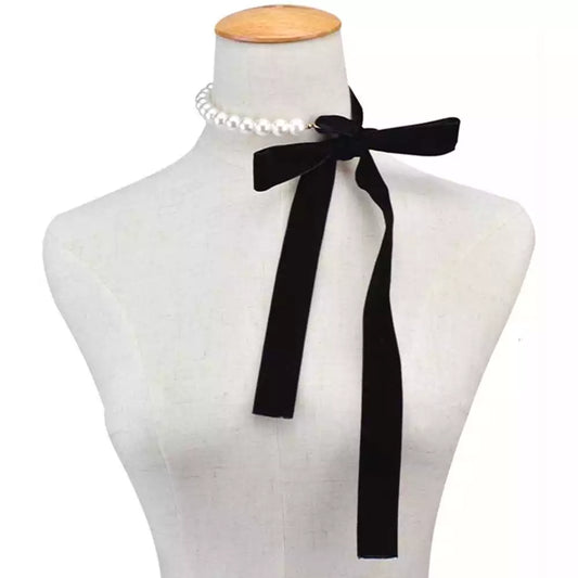 Punk Long Wide Black Velvet Ribbon Choker Bow Tie Simulated-Pearl Beads Charm Collar Necklace Gothic Jewelry New Year Gifts