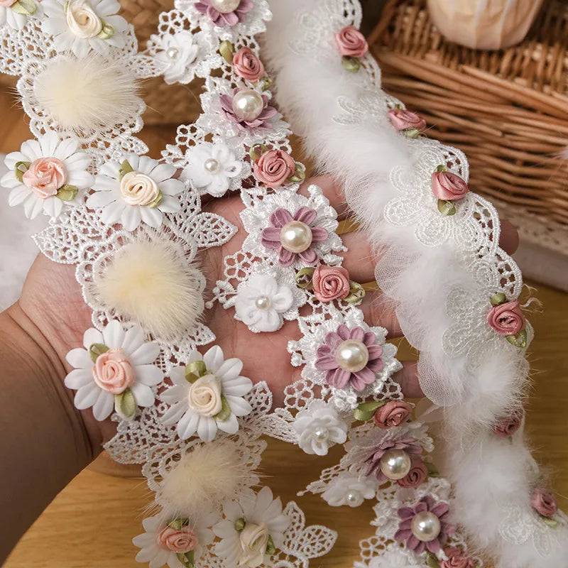 Lace Ribbon For Wedding Decor Party Dress DIY Sewing Accessories Beaded Applique White 3D Flower Embroidery Fabric Crafts Supply