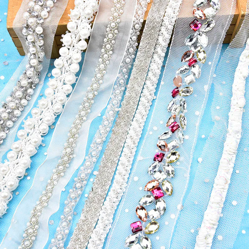 1Yards 31 style Pearl Beaded rhinestone Trims Sew on White mesh Lace Ribbon FOR DIY hair Clothes Wedding Dress Belt Accessories