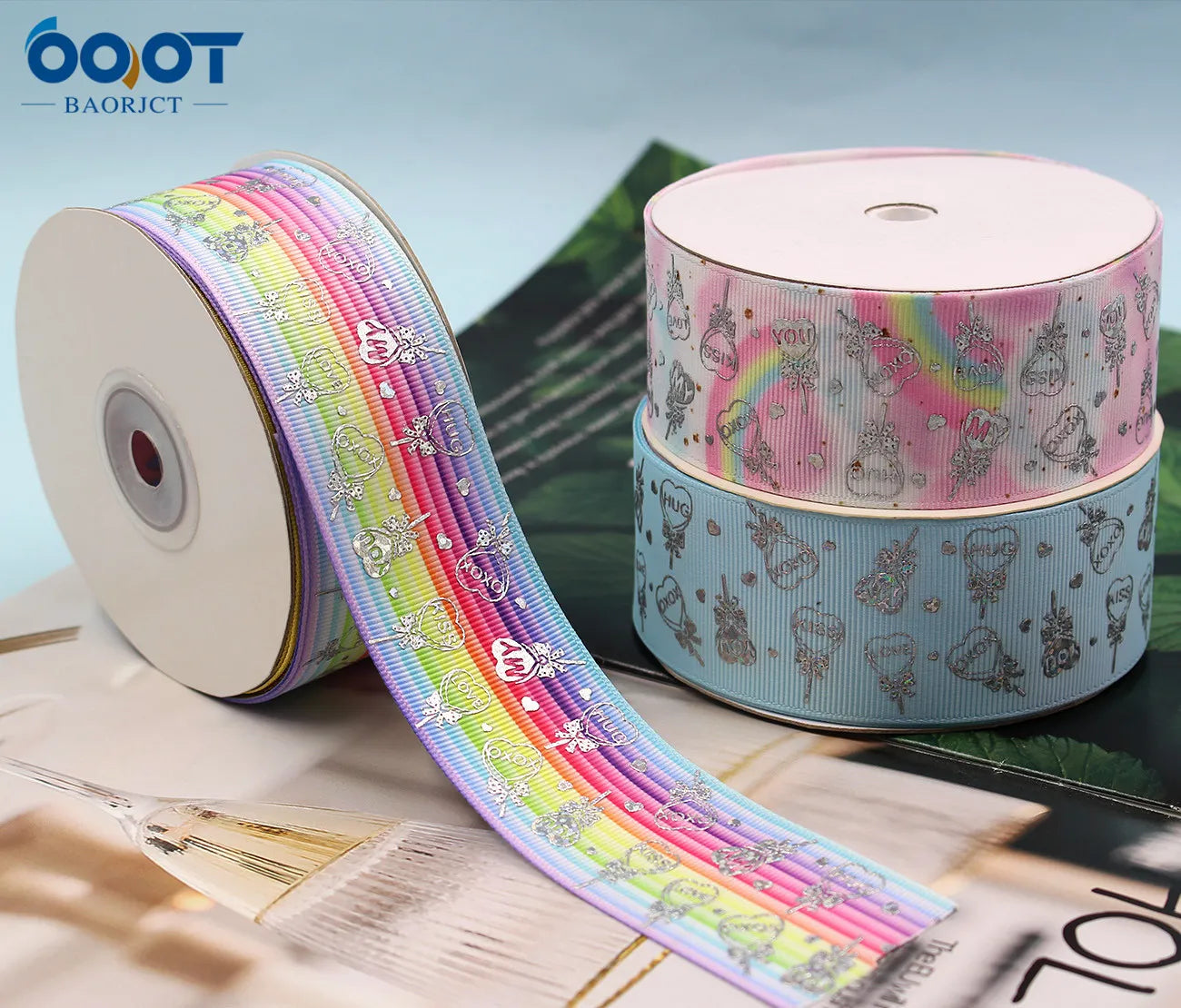 1-1/2''(38MM) 10Yard Laser Silver Candy Flower Printing Grosgrain Ribbon DIY Headdress Wedding Gift Wrapping Paper L-201109-1313