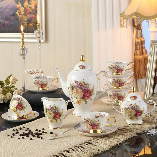 Europe Rose Bone China Tea Set British Porcelain Coffee Set Ceramic Pot Creamer Sugar Bowl Home Teapot Coffee Cup Mug Coffeeware