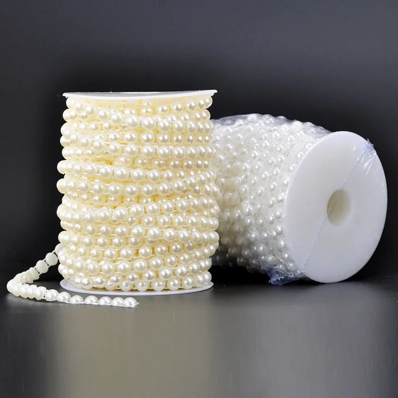 8MM Wide White Beige Cotton Thread Semicircle Pearls Chain Beads Collar Lace Trim Ribbon Wedding Dress Headveil DIY Sewing Decor