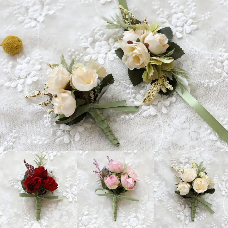 1PC Artificial Silk Plastic Rose Flowers Groom Boutonniere Pin Suit Corsage Bridal Buttonhole Wedding Wrist Flower Party Decor