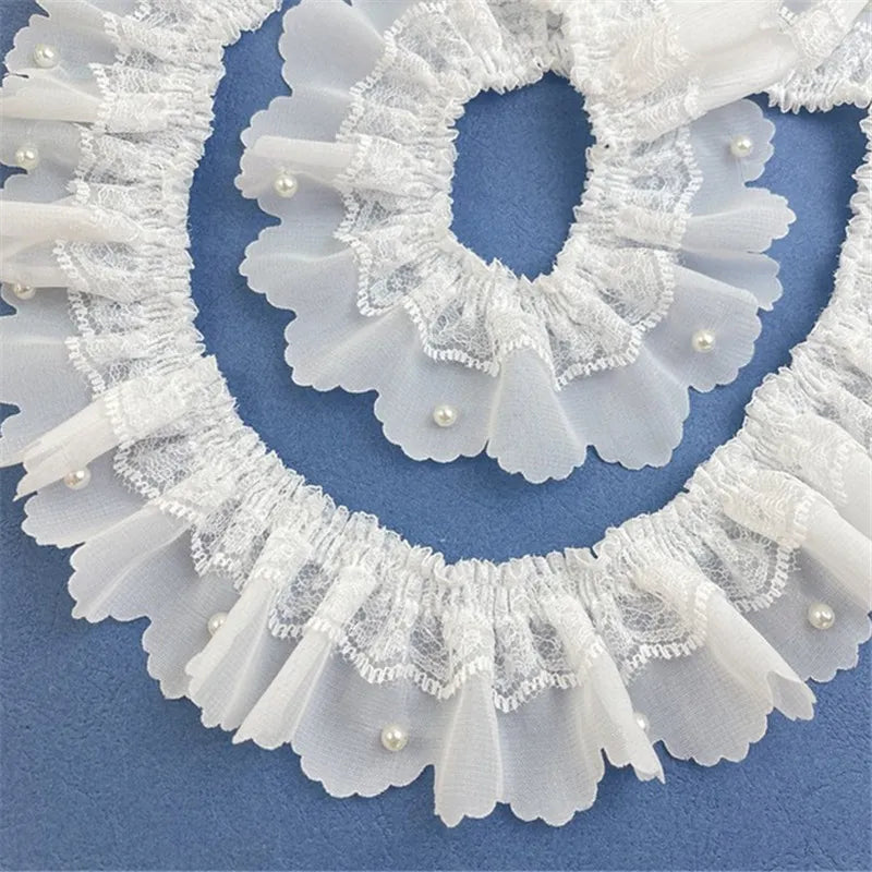 5CM Wide White Double Layers Pleated Chiffon Fabric Beaded Fringe Lace Ribbon Wedding Dress Collar Ruffle Trim DIY Sewing Decor