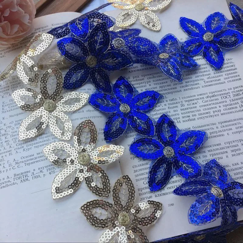 Hot 6CM Wide Glitter Organza Lace Fabric Sequins Beaded Flowers Embroidered Ribbon Collar Trim Applique For Wedding Dress Sewing