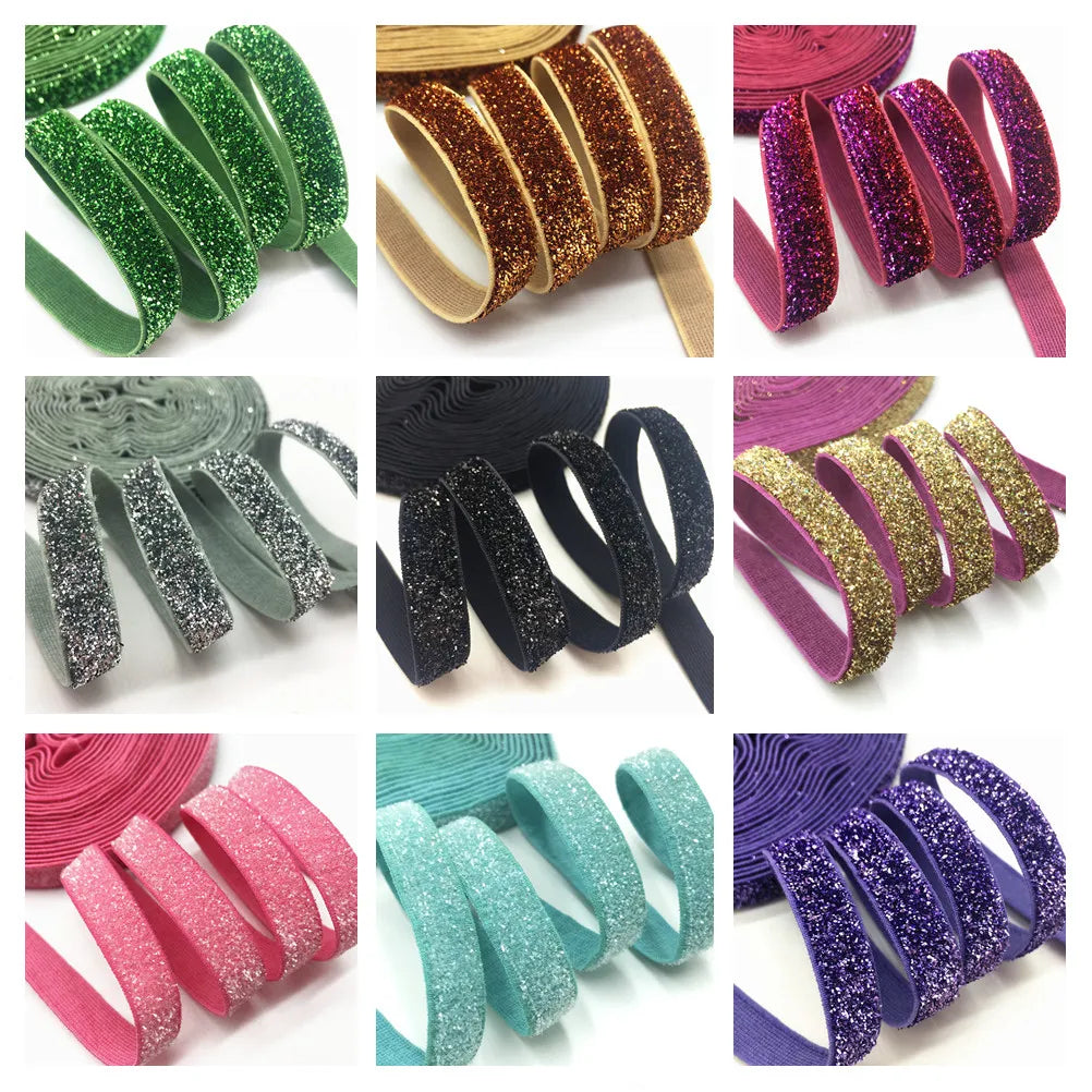 5Yards/Lot 3/8" 10MM Colorful Scallion Glitter Elastic Ribbon Fold Over Elastic FOE Clothing Accessories Stretch Band DIY Crafts