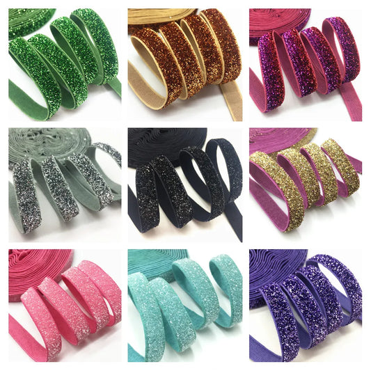 5Yards/Lot 3/8" 10MM Colorful Scallion Glitter Elastic Ribbon Fold Over Elastic FOE Clothing Accessories Stretch Band DIY Crafts