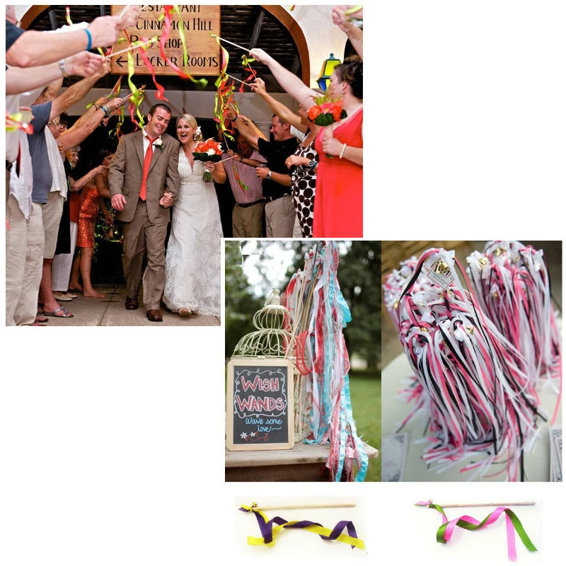 10Pcs/Set Twirling Wands Ribbon Wedding Party Favor Sticks with Bell Bride Groom